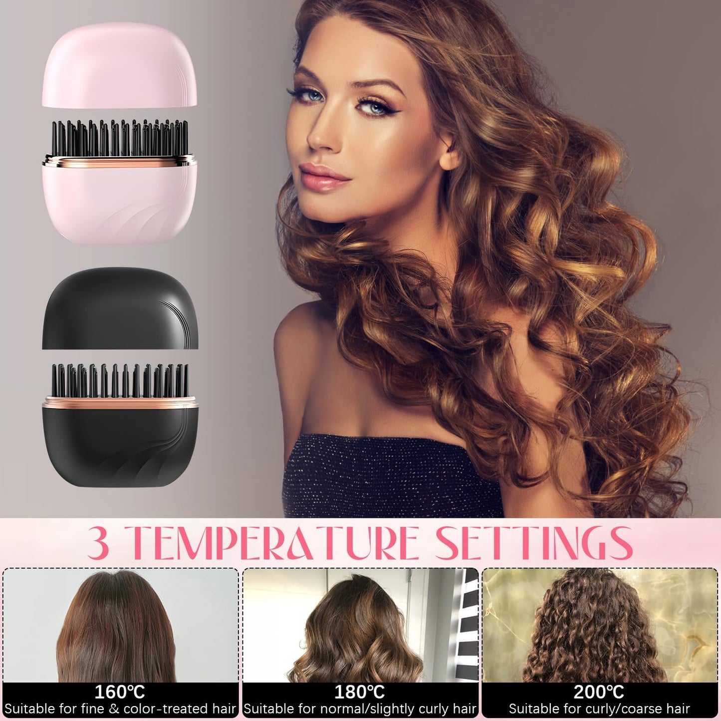 Portable Mini Hair Straightener Brush – Cordless, Rechargeable, 3 Temperature Levels