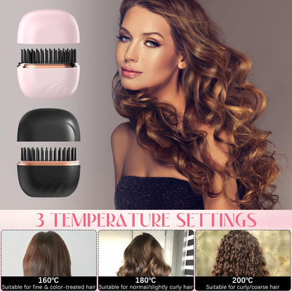Portable Mini Hair Straightener Brush – Cordless, Rechargeable, 3 Temperature Levels