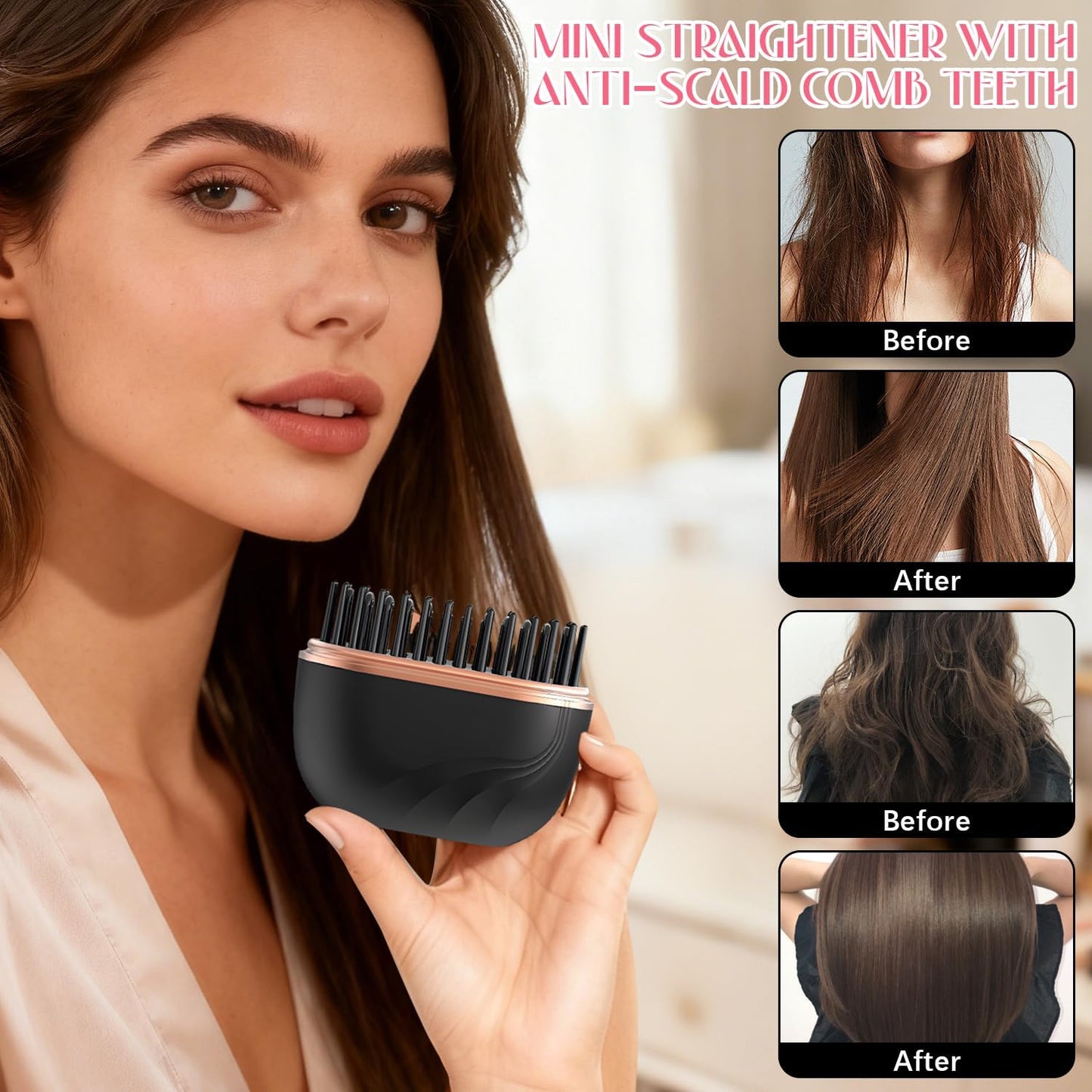Portable Mini Hair Straightener Brush – Cordless, Rechargeable, 3 Temperature Levels